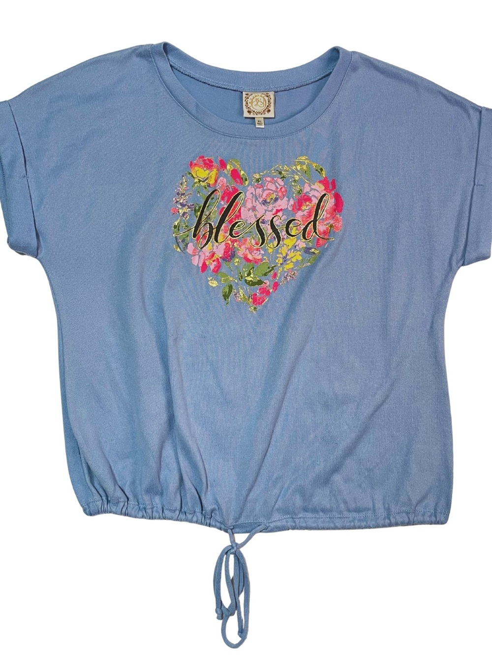 Blessed Floral Heart Graphic Drawstring Top Women’s XL Blue Christian Tee